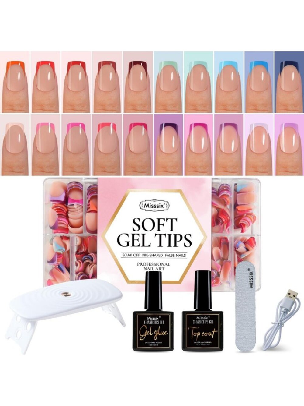 Short Square French Tip Press-On Nails Set, 600 Pcs, 20 Colors, DIY Nail Art Kit
